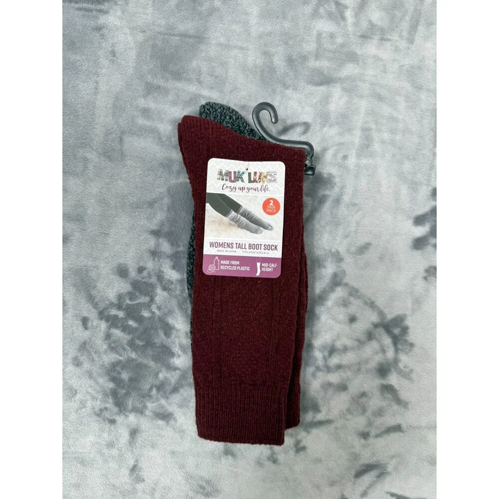 Muk Luk Women’s 2 Pair Pack Tall Boot Socks Mid-Calf Height size 6-11 Dark Red